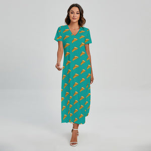 Teal Pizza Pattern Print Short Sleeve Maxi Dress