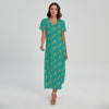 Teal Pizza Pattern Print Short Sleeve Maxi Dress