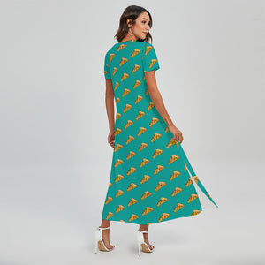 Teal Pizza Pattern Print Short Sleeve Maxi Dress