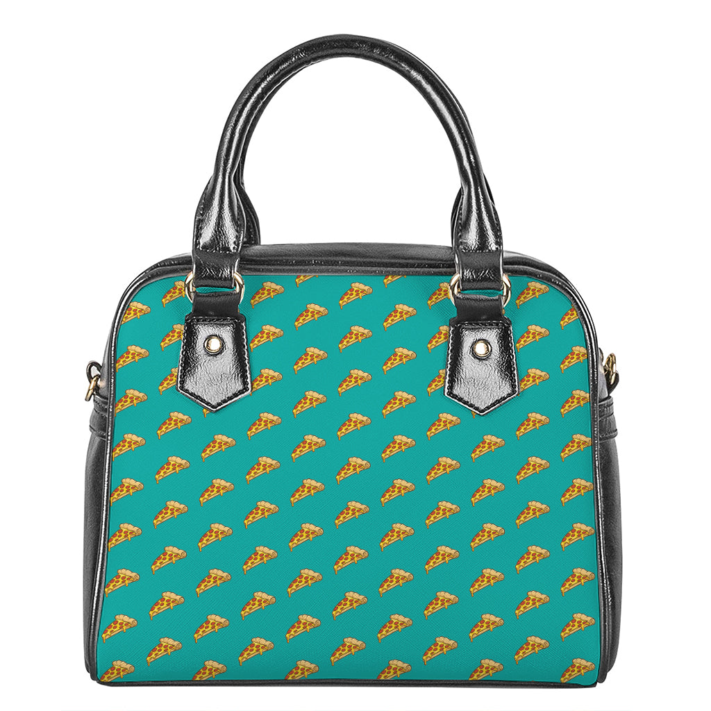 Teal Pizza Pattern Print Shoulder Handbag