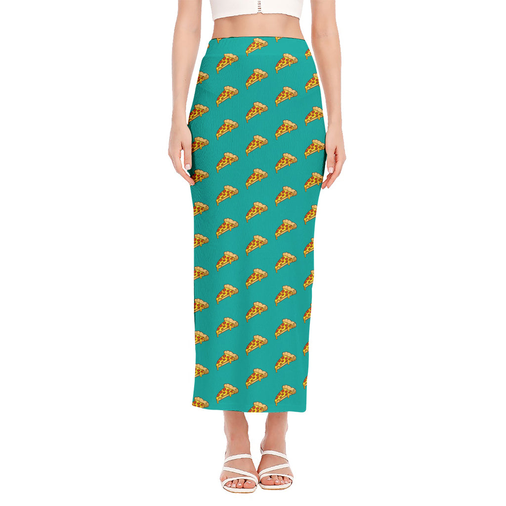 Teal Pizza Pattern Print Side Slit Maxi Skirt