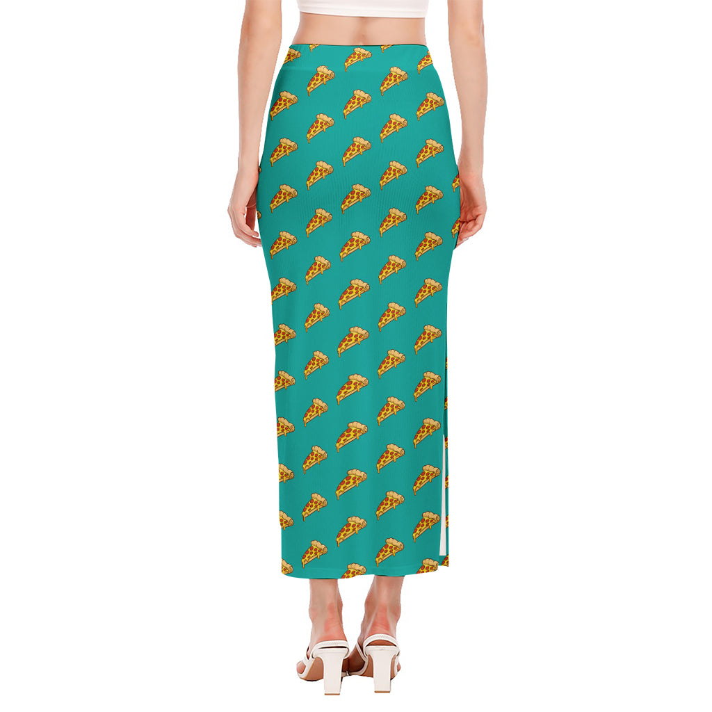 Teal Pizza Pattern Print Side Slit Maxi Skirt