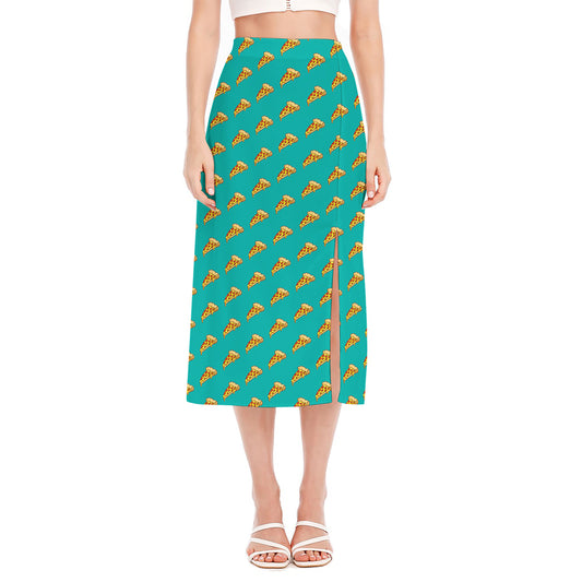 Teal Pizza Pattern Print Side Slit Midi Skirt