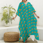 Teal Pizza Pattern Print Silk V-Neck Kaftan Dress