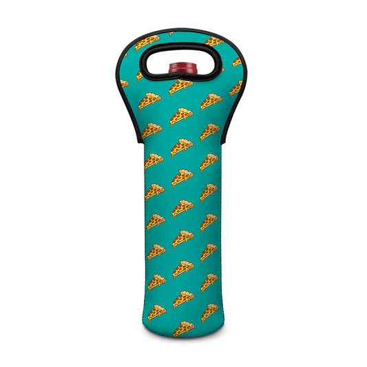 Teal Pizza Pattern Print Single Neoprene Wine Tote