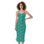 Teal Pizza Pattern Print Slim Fit Midi Cami Dress