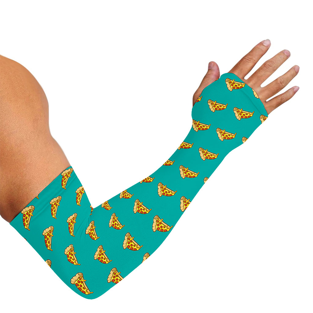 Teal Pizza Pattern Print Sun Protection Arm Sleeves