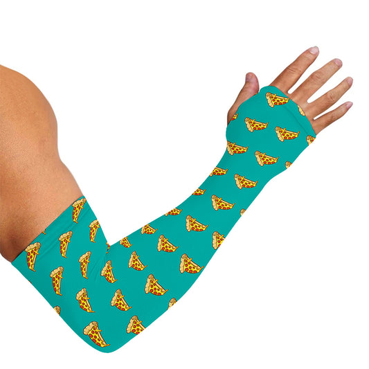 Teal Pizza Pattern Print Sun Protection Arm Sleeves