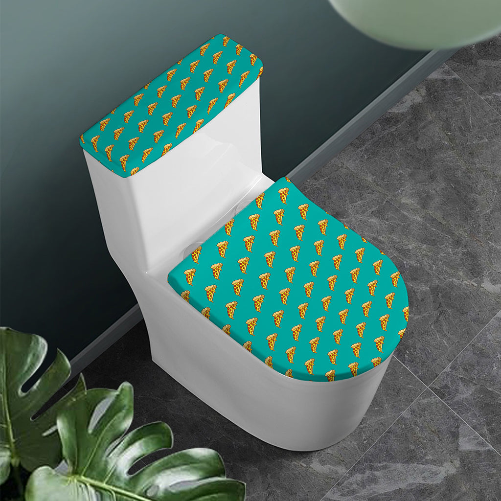 Teal Pizza Pattern Print Toilet Lid And Tank Cover Set
