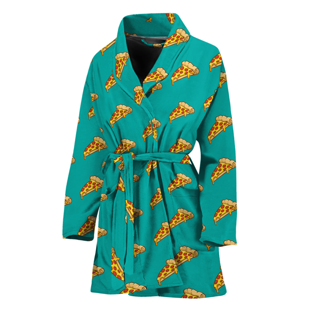 Teal Pizza Pattern Print Women's Bathrobe