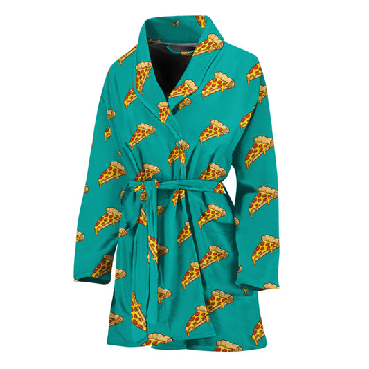 Teal Pizza Pattern Print Women's Bathrobe