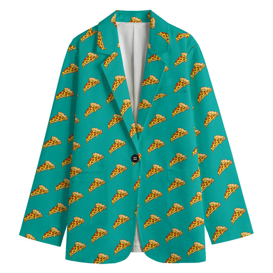 Teal Pizza Pattern Print Women's Blazer