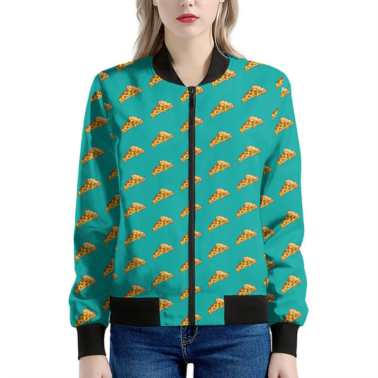 Teal Pizza Pattern Print Women's Bomber Jacket