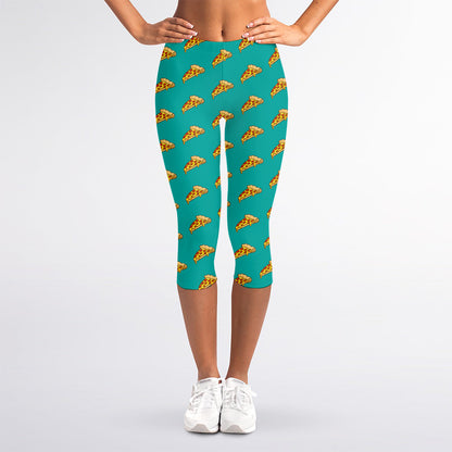 Teal Pizza Pattern Print Women's Capri Leggings