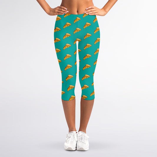 Teal Pizza Pattern Print Women's Capri Leggings