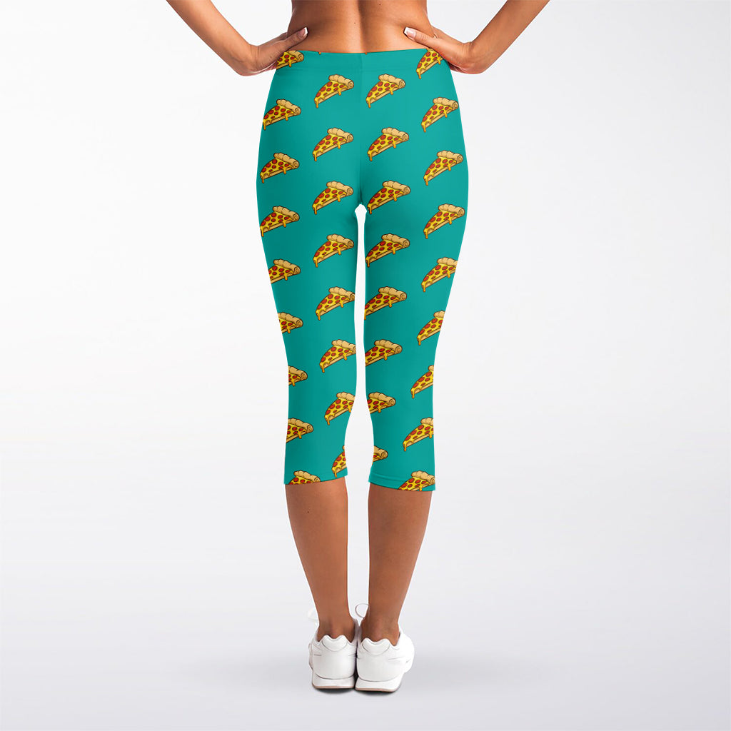 Teal Pizza Pattern Print Women's Capri Leggings