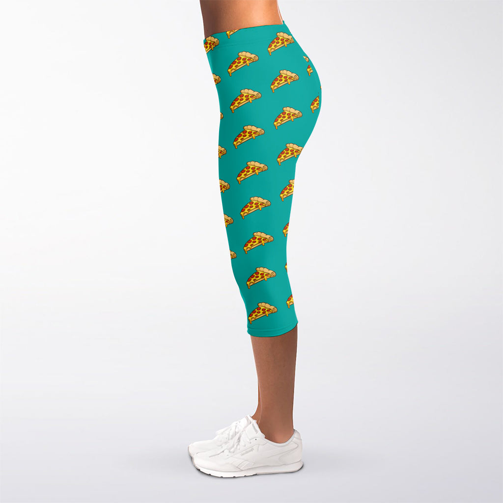Teal Pizza Pattern Print Women's Capri Leggings