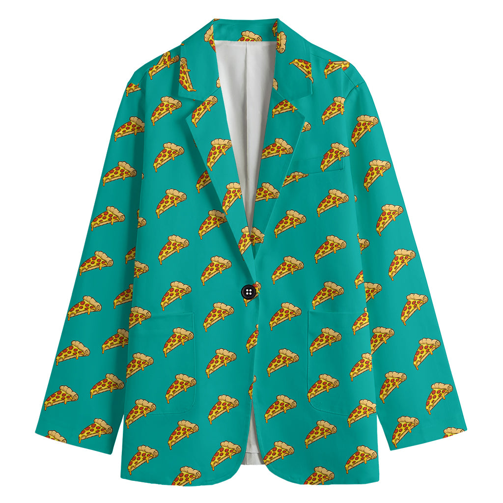 Teal Pizza Pattern Print Women's Cotton Blazer