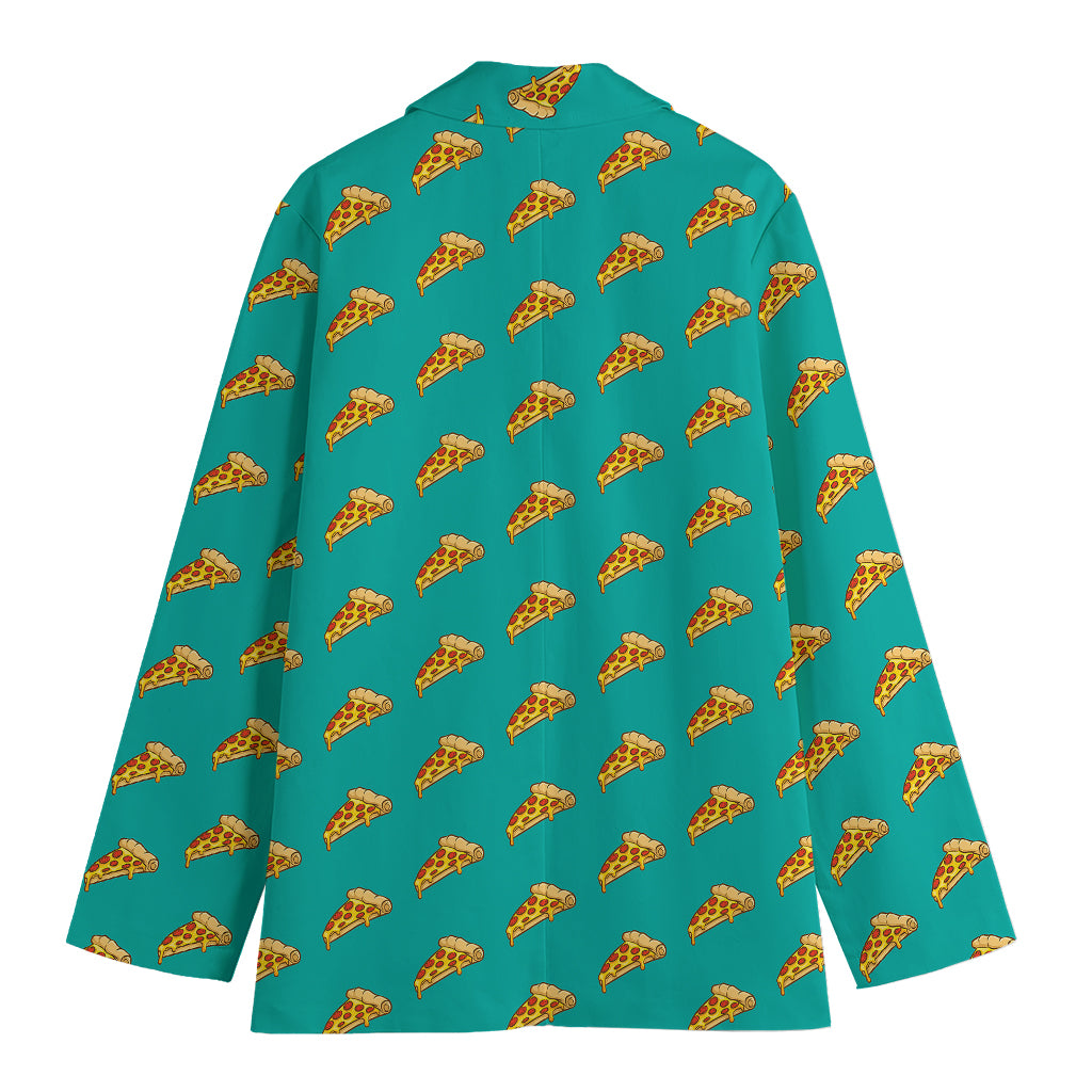 Teal Pizza Pattern Print Women's Cotton Blazer