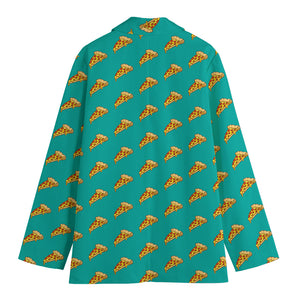 Teal Pizza Pattern Print Women's Cotton Blazer