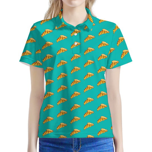 Teal Pizza Pattern Print Women's Polo Shirt