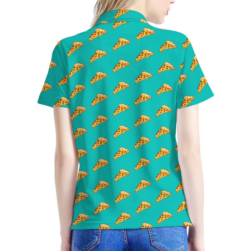 Teal Pizza Pattern Print Women's Polo Shirt