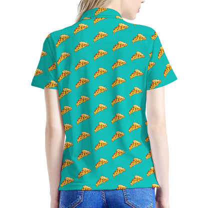 Teal Pizza Pattern Print Women's Polo Shirt