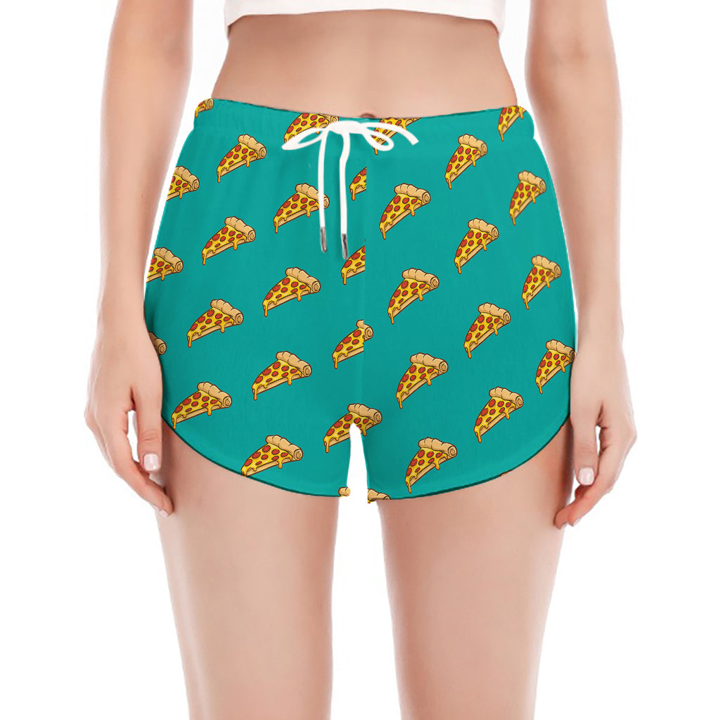 Teal Pizza Pattern Print Women's Split Running Shorts