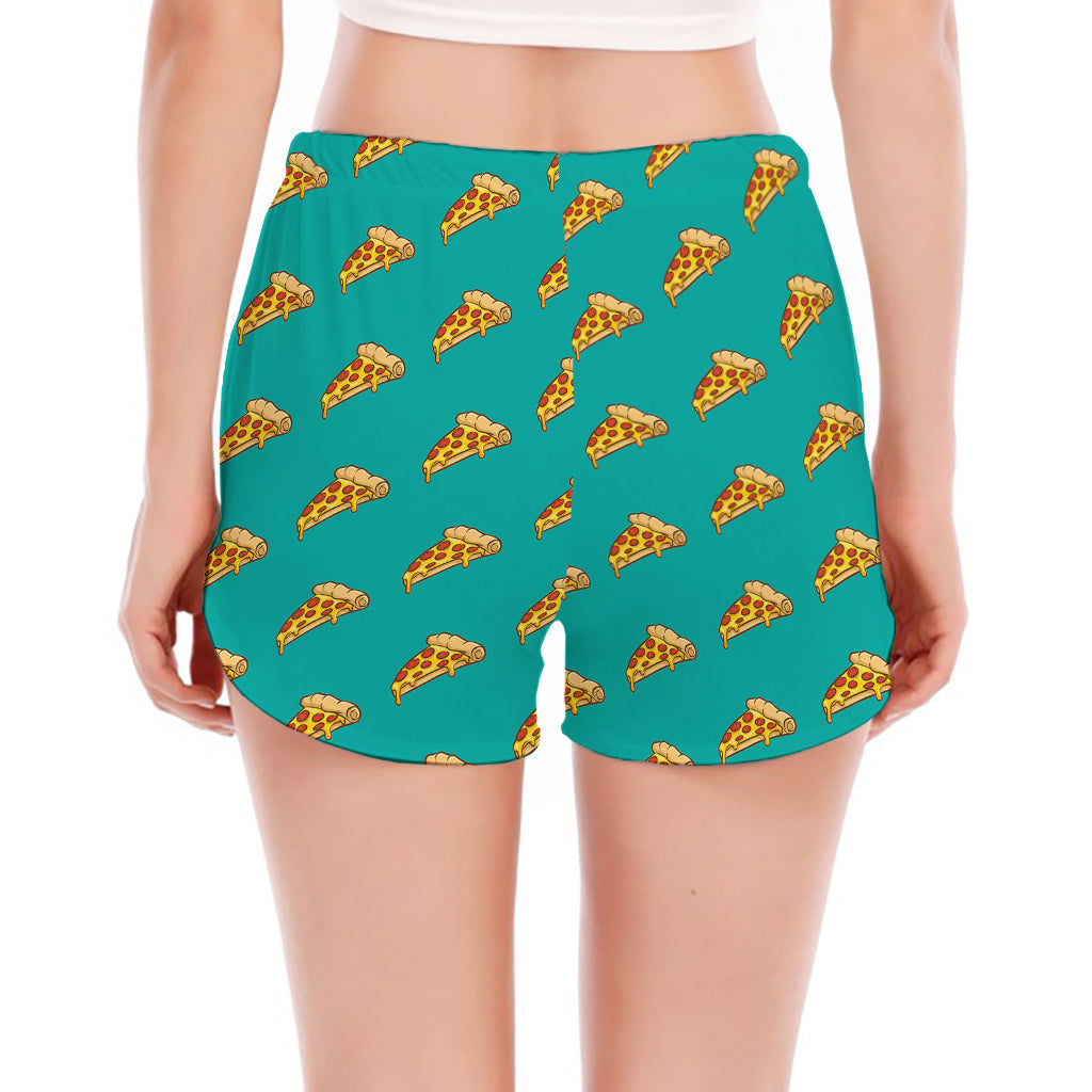 Teal Pizza Pattern Print Women's Split Running Shorts