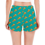 Teal Pizza Pattern Print Women's Split Running Shorts