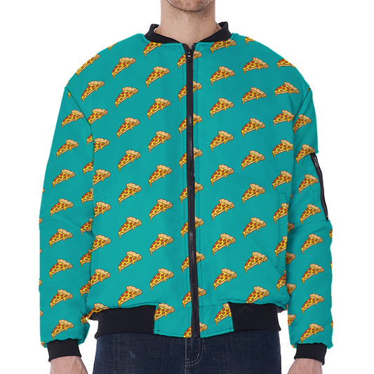 Teal Pizza Pattern Print Zip Sleeve Bomber Jacket