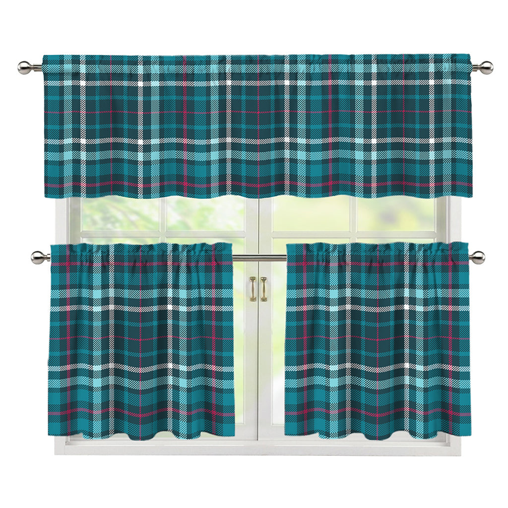 Teal Plaid Pattern Print 3 Piece Kitchen Curtains