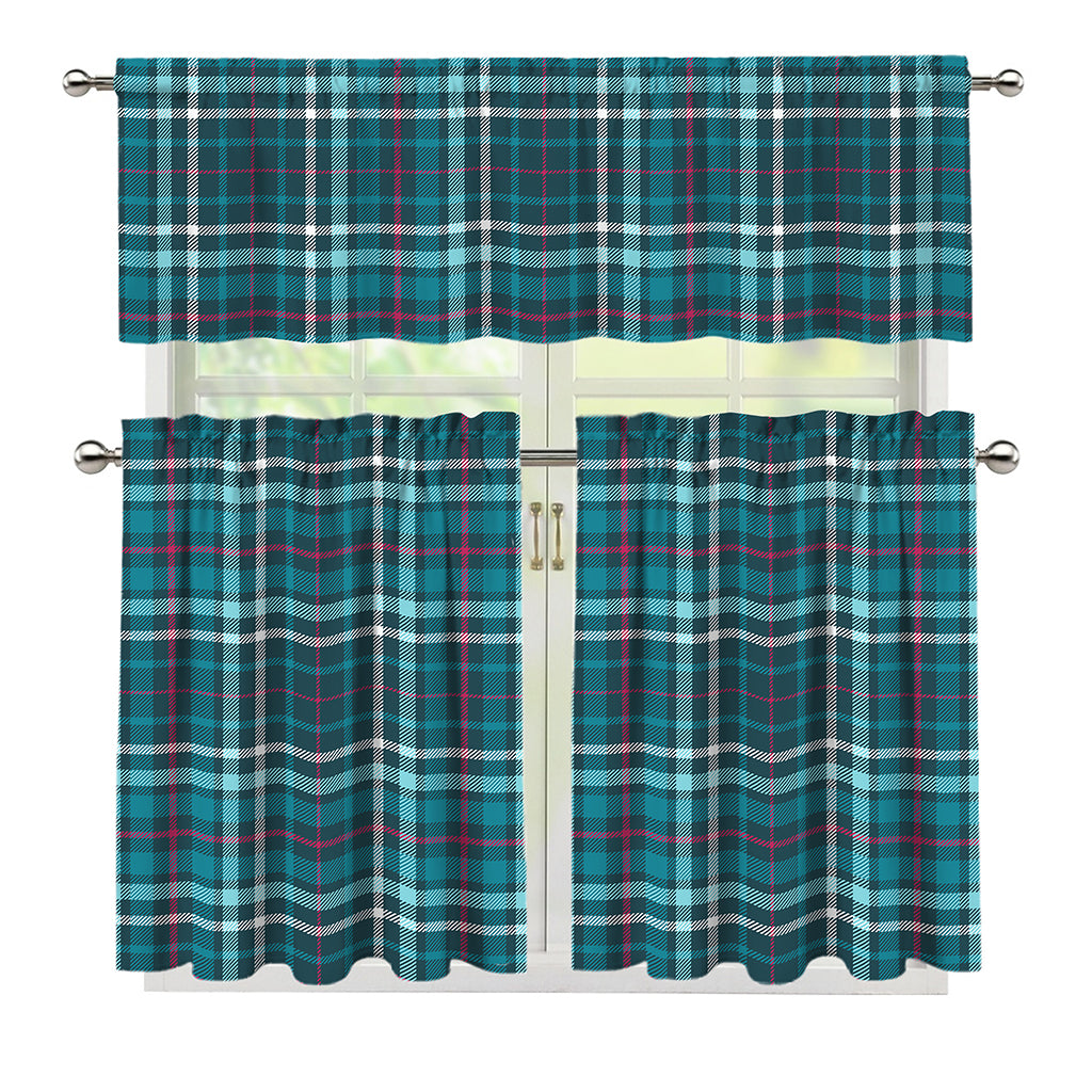 Teal Plaid Pattern Print 3 Piece Kitchen Curtains