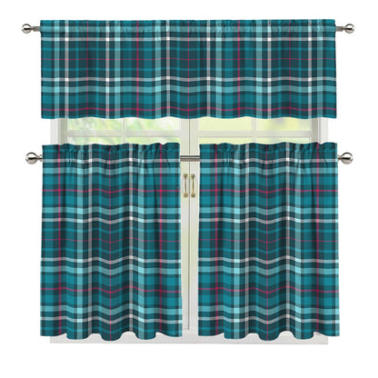 Teal Plaid Pattern Print 3 Piece Kitchen Curtains
