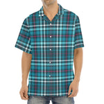 Teal Plaid Pattern Print Aloha Shirt