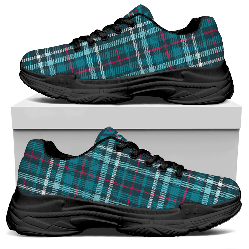 Teal Plaid Pattern Print Black Chunky Shoes