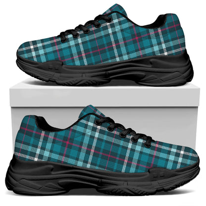 Teal Plaid Pattern Print Black Chunky Shoes
