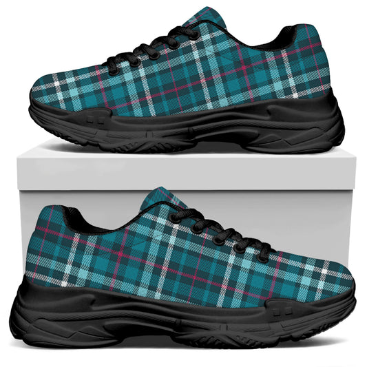 Teal Plaid Pattern Print Black Chunky Shoes