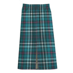 Teal Plaid Pattern Print Cotton Front Slit Maxi Skirt