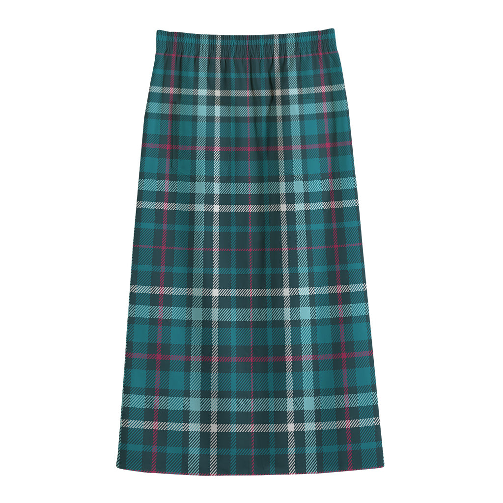 Teal Plaid Pattern Print Cotton Front Slit Maxi Skirt