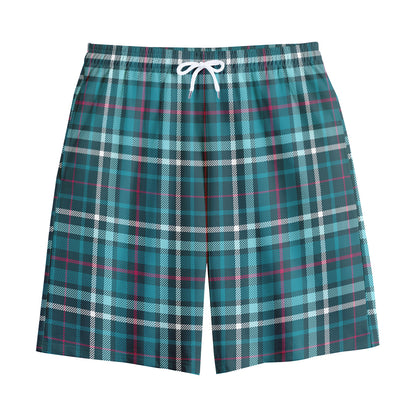 Teal Plaid Pattern Print Cotton Shorts