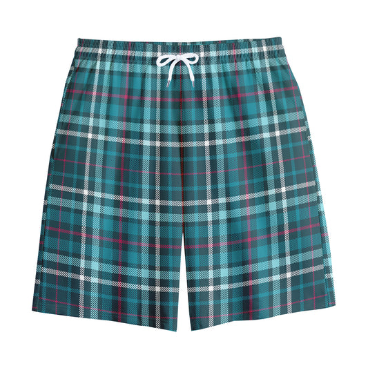 Teal Plaid Pattern Print Cotton Shorts