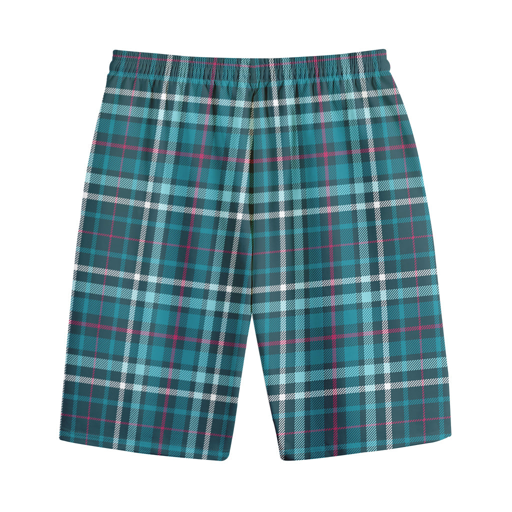 Teal Plaid Pattern Print Cotton Shorts
