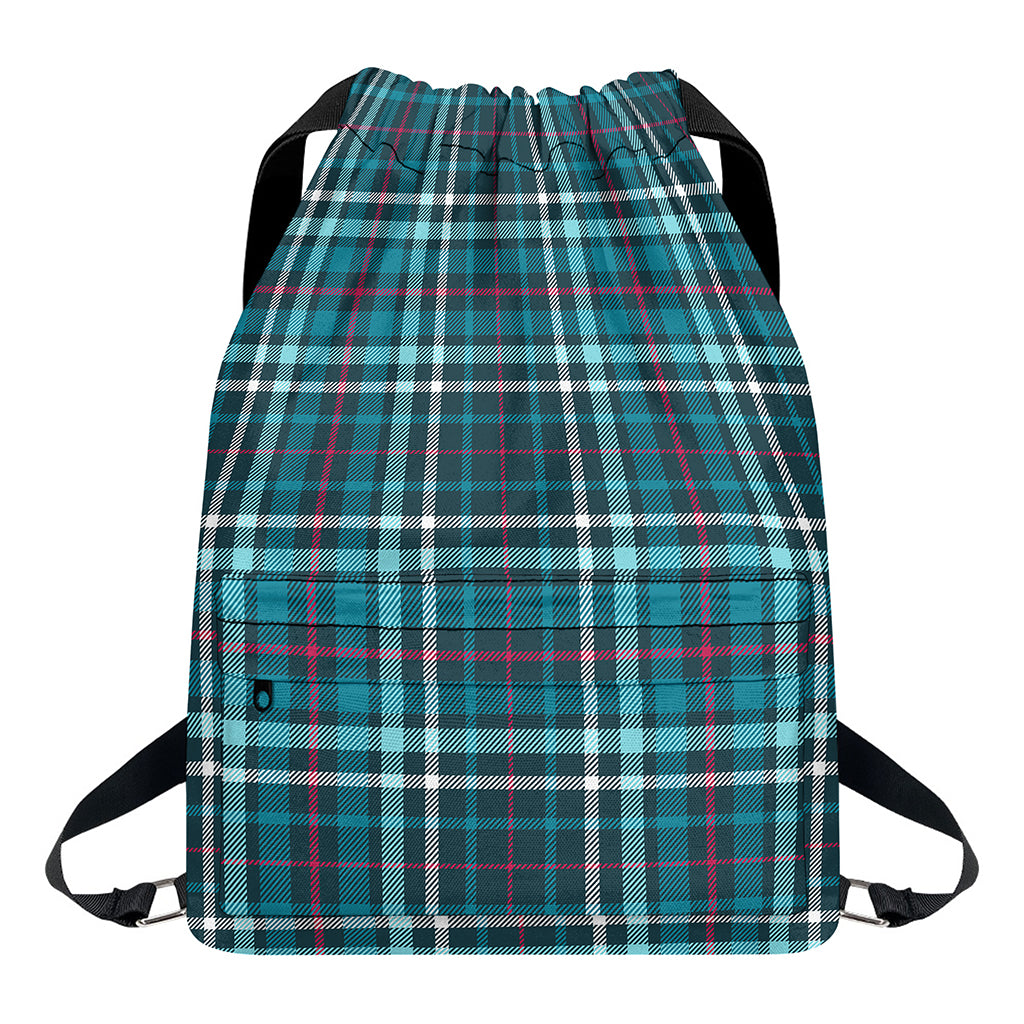 Teal Plaid Pattern Print Drawstring Backpack