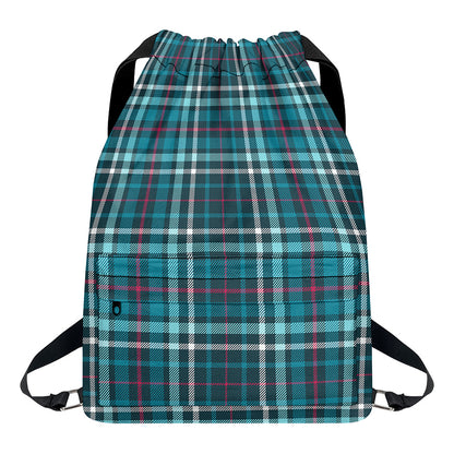 Teal Plaid Pattern Print Drawstring Backpack
