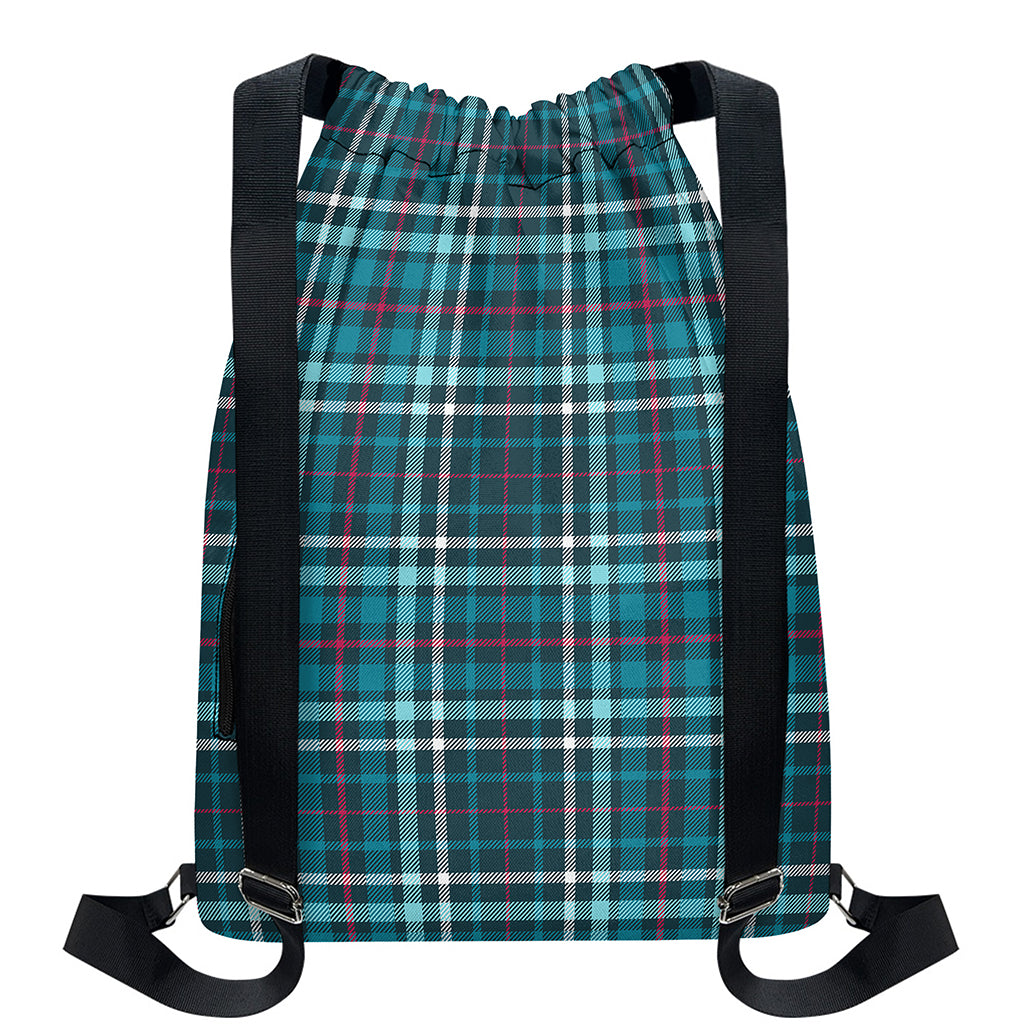 Teal Plaid Pattern Print Drawstring Backpack