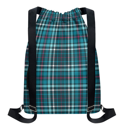 Teal Plaid Pattern Print Drawstring Backpack