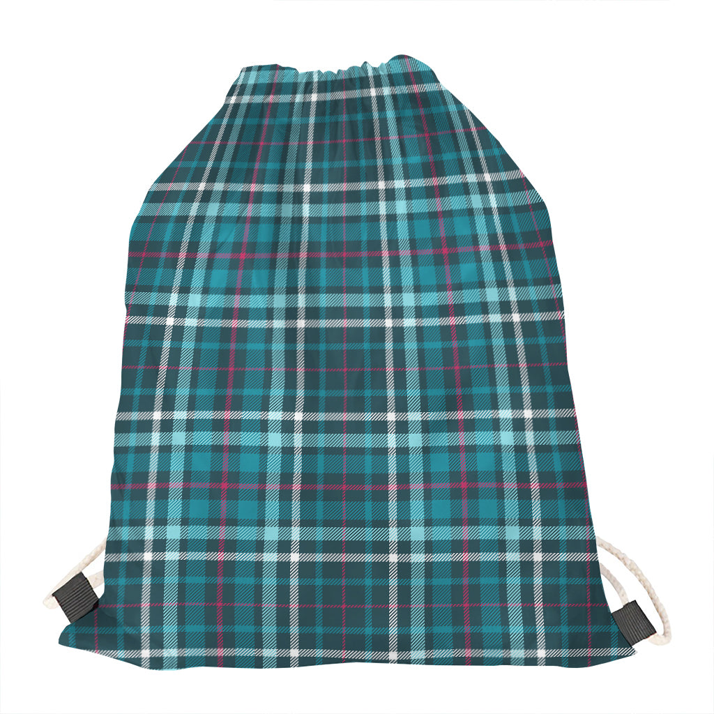 Teal Plaid Pattern Print Drawstring Bag