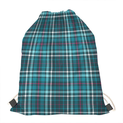 Teal Plaid Pattern Print Drawstring Bag