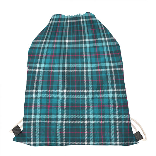 Teal Plaid Pattern Print Drawstring Bag